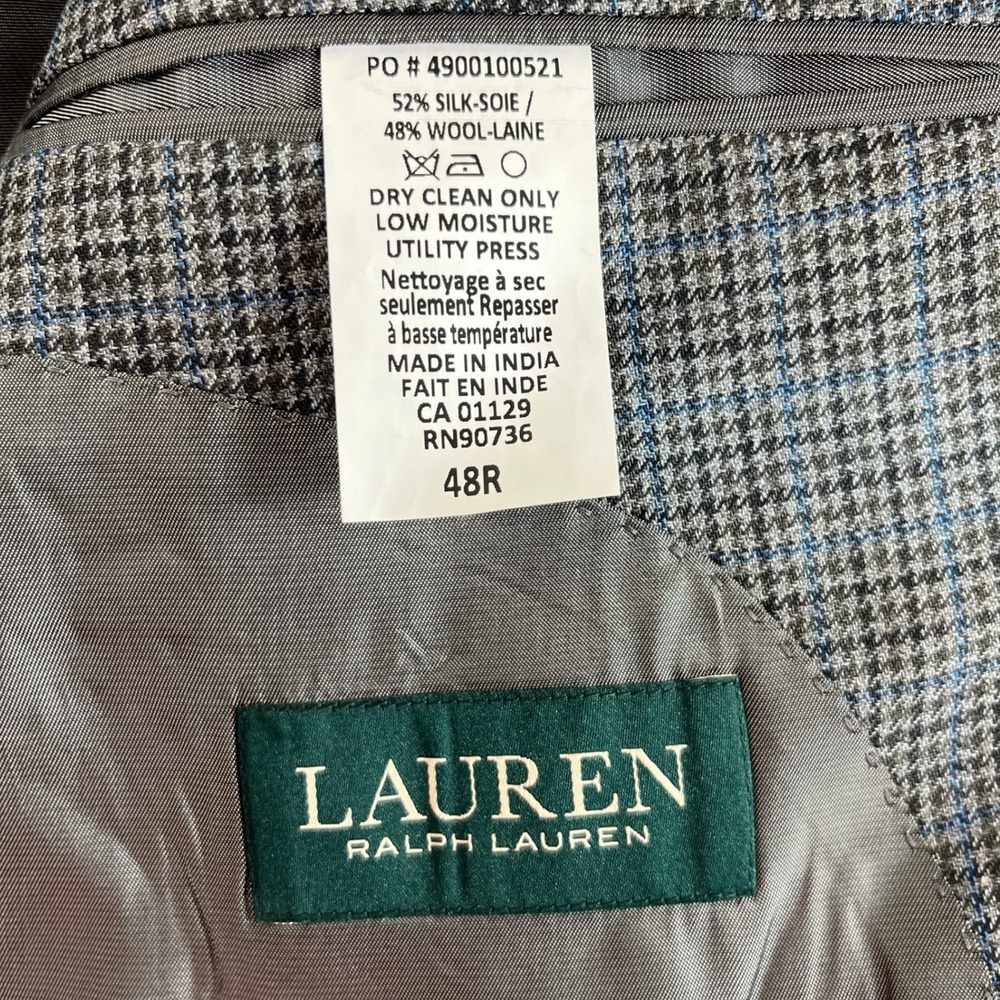 Lauren Ralph Lauren Men's 48R Gray Blue Houndstooth Silk Wool Blazer Jacket - Picture 3 of 11